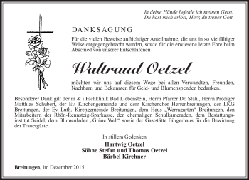 Traueranzeige von Waltraud Oetzel von Südthüringer Presse