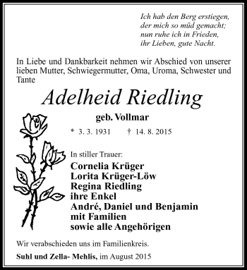 Traueranzeige von Adelheid Riedling von Südthüringer Presse