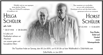 Traueranzeige von Helga und Horst Schüler von Südthüringer Presse