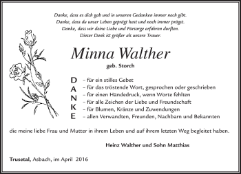Traueranzeige von Minna Walther von Südthüringer Presse