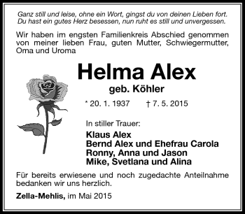 Traueranzeige von Helma Alex von Südthüringer Presse
