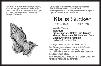 Traueranzeige von Klaus Sucker von Neue Presse Coburg