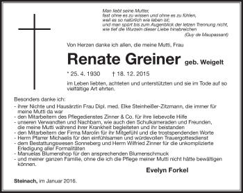 Traueranzeige von Renate Greiner von Südthüringer Presse
