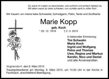 Traueranzeige von Marie Kopp von Neue Presse Coburg