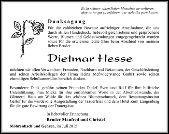 Traueranzeige von Dietmar Hesse von Südthüringer Presse