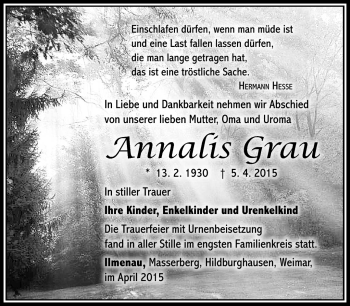 Traueranzeige von Annalis Grau von Südthüringer Presse