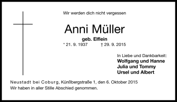 Traueranzeige von Anni Müller von Neue Presse Coburg