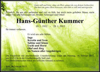 Traueranzeige von Hans-Günther Kummer von Südthüringer Presse