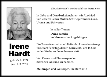 Traueranzeige von Irene Hardt von Südthüringer Presse
