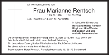 Traueranzeige von Marianne Rentsch von Frankenpost