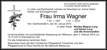 Traueranzeige von Irma Wagner von Frankenpost