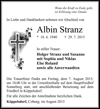 Traueranzeige von Albin Stranz von Südthüringer Presse