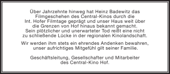 Traueranzeige von Heinz Badewitz von Frankenpost