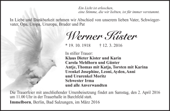 Traueranzeige von Werner Kister von Südthüringer Presse