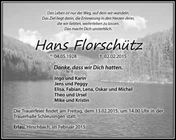 Traueranzeige von Hans Florschütz von Südthüringer Presse
