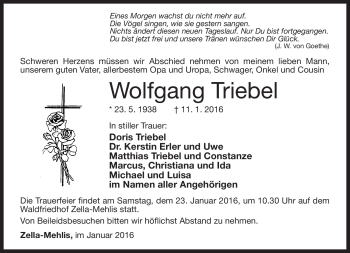 Traueranzeige von Wolfgang Triebel von Südthüringer Presse