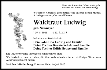 Traueranzeige von Waldtraut Ludwig von Südthüringer Presse