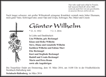 Traueranzeige von Günter Wilhelm von Südthüringer Presse