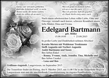 Traueranzeige von Edelgard Bartmann von Südthüringer Presse