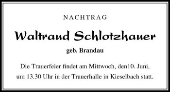 Traueranzeige von Waltraud Schlotzhauer von Südthüringer Presse