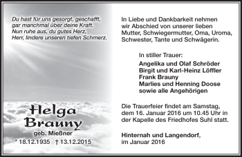 Traueranzeige von helga Brauny von Südthüringer Presse