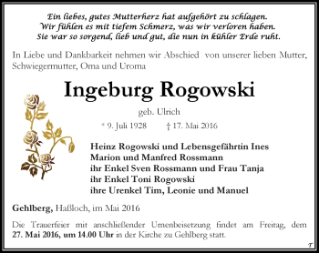 Traueranzeige von Ingeburg Rogowski von Südthüringer Presse