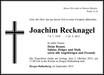 Traueranzeige von Joachim Recknagel von Südthüringer Presse