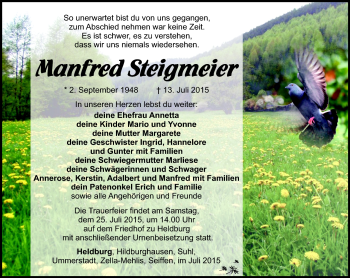 Traueranzeige von Manfred Steigmeier von Südthüringer Presse