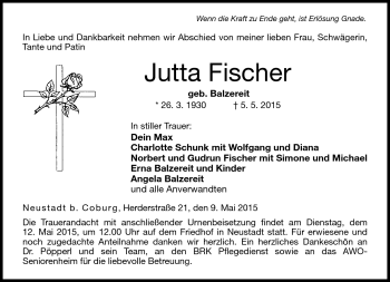 Traueranzeige von Jutta Fischer von Neue Presse Coburg