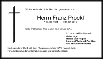 Traueranzeige von Franz Pröckl von Frankenpost