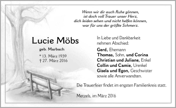 Traueranzeige von Lucie Möbs von Südthüringer Presse