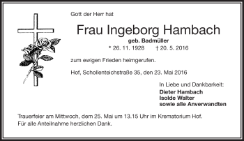 Traueranzeige von Ingeborg Hambach von Frankenpost