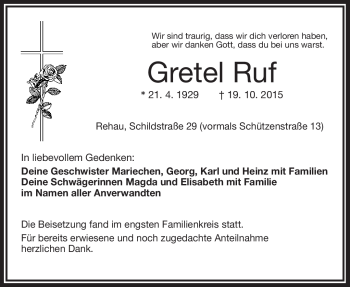 Traueranzeige von Gretel Ruf von Frankenpost