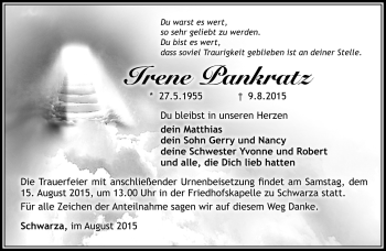 Traueranzeige von Irene pankratz von Südthüringer Presse