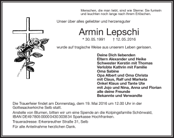 Traueranzeige von Armin Lepschi von Frankenpost