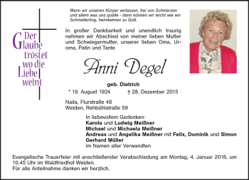Traueranzeige von Anni Degel von Frankenpost