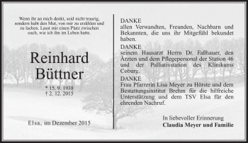 Traueranzeige von Reinhard Büttner von Neue Presse Coburg