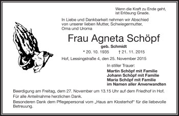 Traueranzeige von Agneta Schöpf von Frankenpost