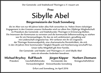 Traueranzeige von Sibylle Abel von Südthüringer Presse