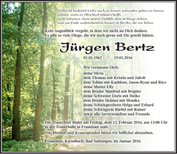 Traueranzeige von Jürgen Bertz von Südthüringer Presse