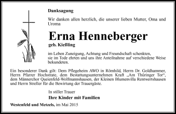 Traueranzeige von Erna Henneberger von Südthüringer Presse