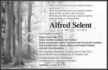 Traueranzeige von Alfred Selent von Südthüringer Presse