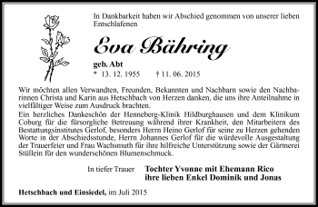 Traueranzeige von Eva Bähring von Südthüringer Presse