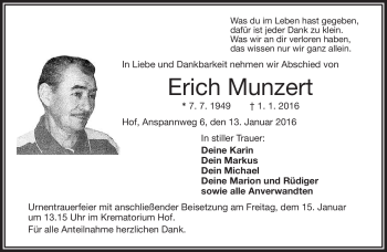 Traueranzeige von Erich Munzert von Frankenpost
