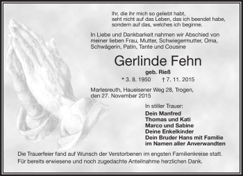 Traueranzeige von Gerlinde Fehn von Frankenpost