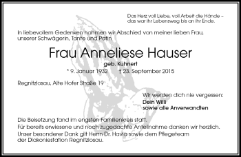 Traueranzeige von Anneliese Hauser von Frankenpost