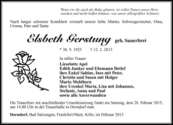 Traueranzeige von Elsbeth Gerstung von Südthüringer Presse