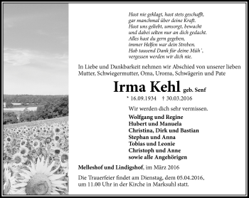 Traueranzeige von Irma Kehl von Südthüringer Presse