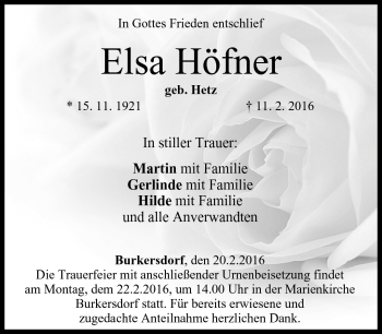 Traueranzeige von Elsa Höfner von Neue Presse Coburg