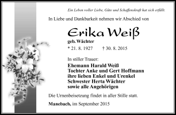 Traueranzeige von Erika Weiß von Südthüringer Presse